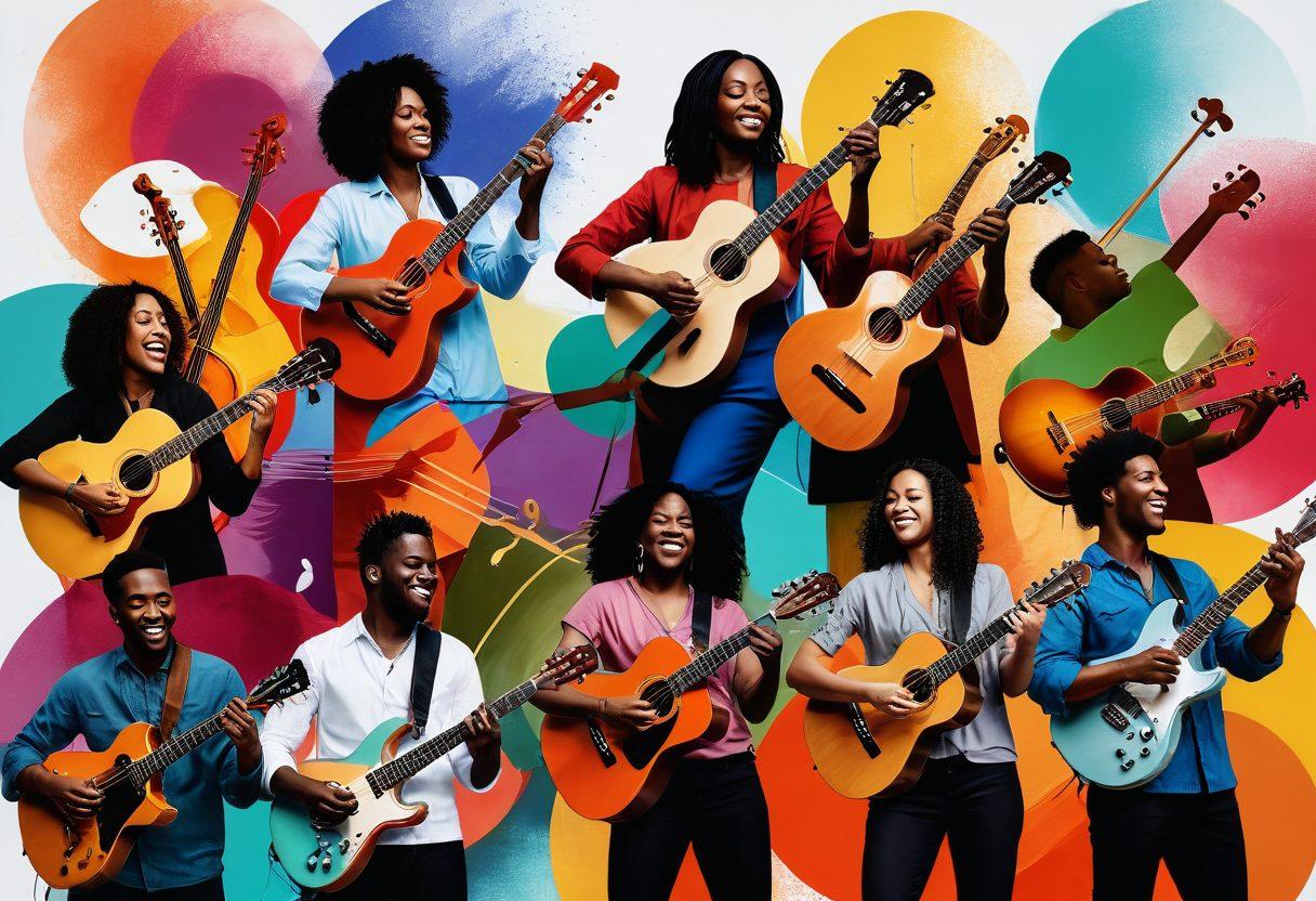 A vibrant collage of diverse musicians playing various instruments such as guitars, violins, and drums, surrounded by colorful sound waves symbolizing connection and harmony. Incorporate elements of digital community, like streaming icons and abstract shapes representing online interactions. Showcase people of different ethnicities engaged in joyful expressions, blending a sense of unity and creativity. super-realistic. vibrant colors. white background.