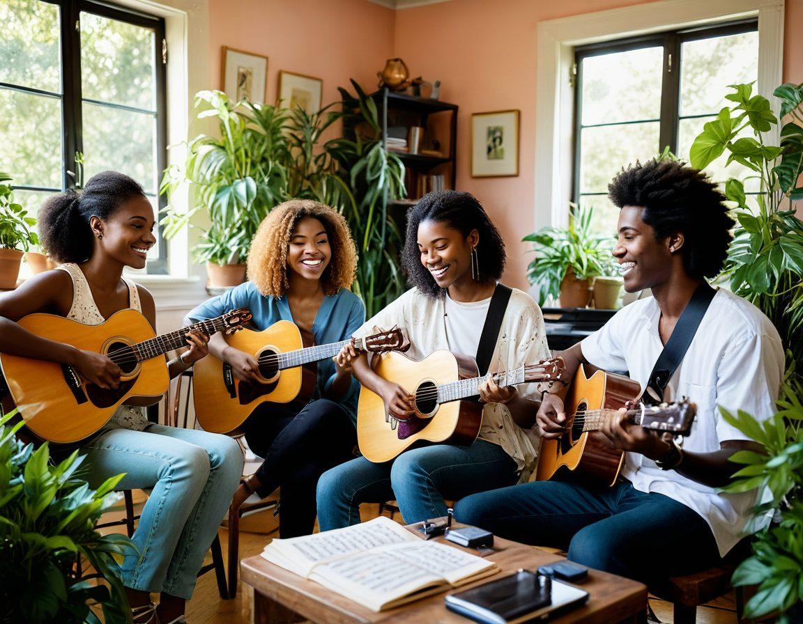 A vibrant scene of diverse musicians sharing their instruments and music sheets in a cozy, sunlit room filled with plants. Close-up interactions of laughter and creativity, symbolizing collaboration and unity through music. Soft pastel colors and warm lighting create a welcoming atmosphere. Include digital devices subtly showing downloads and sharing features in the background. super-realistic. bright colors.
