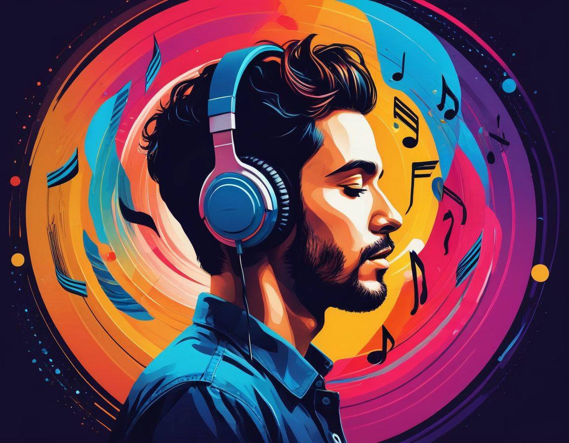 A dynamic collage representing the evolution of music sharing, featuring vibrant vinyl records, digital downloads, and diverse people connecting through headphones in various locations. Include visual elements like sound waves, streaming symbols, and musical notes flowing across the scene, suggesting the transformation from downloads to discovery. The background should be a blend of bright colors symbolizing creativity and connection. vector art. vibrant colors. energetic composition.